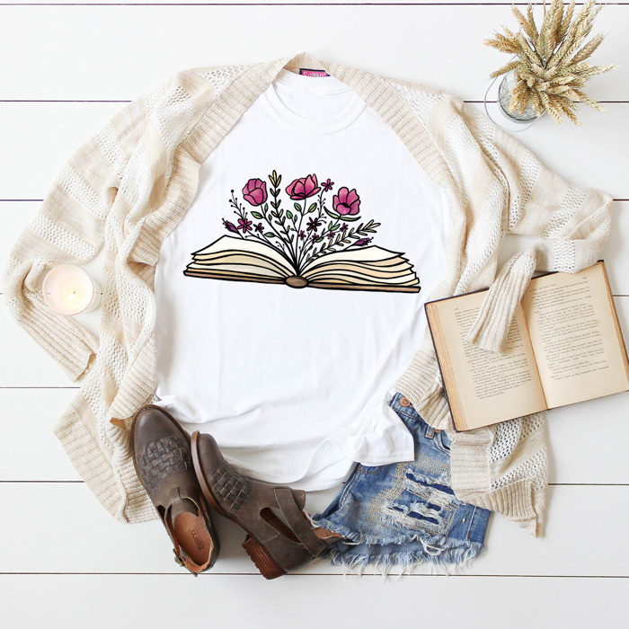 Floral Blooming Book Graphic Tee, Book Lovers Tee, Reading Shirt 