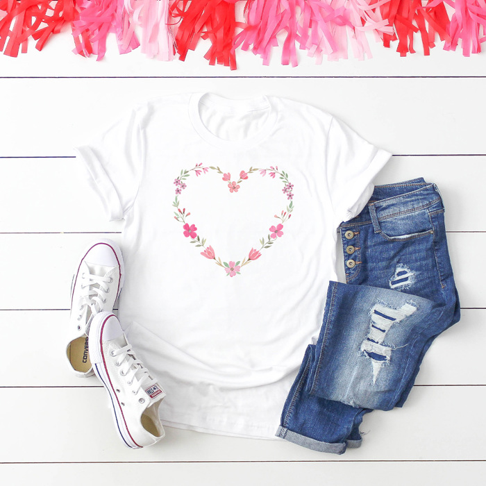 Watercolor Floral Heart Graphic Tee, Spring Floral Tee, Spink Flower Heart Shirt 