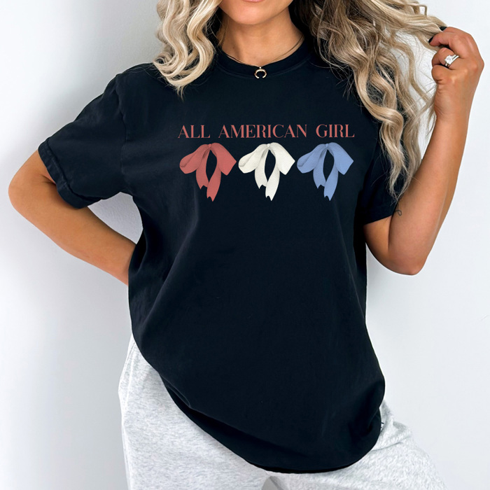 All American Girl Coquette Bow Comfort Colors Tee, Red White And Blue Bow Shirt, Parotitic Tee