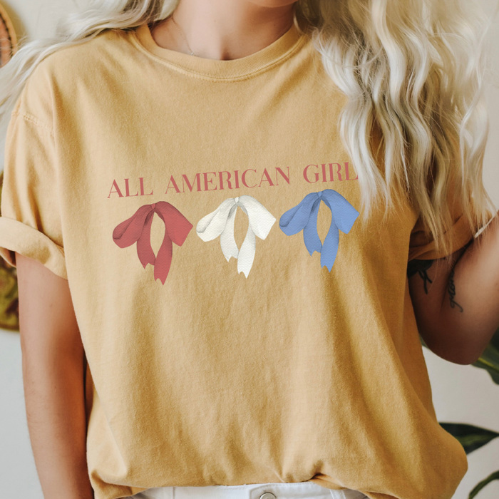 All American Girl Coquette Bow Comfort Colors Tee, Red White And Blue Bow Shirt, Parotitic Tee