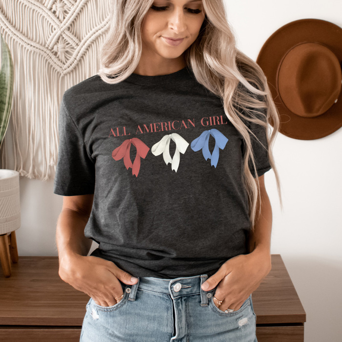 All American Girl Coquette Bow Graphic Tee, Red White And Blue Bow Shirt, Parotitic Tee