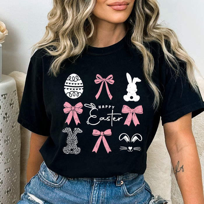 Happy Easter Pink Bows And Ester Bunnies Comfort Colors Tee, Easter Girly Shirt, Coquette 