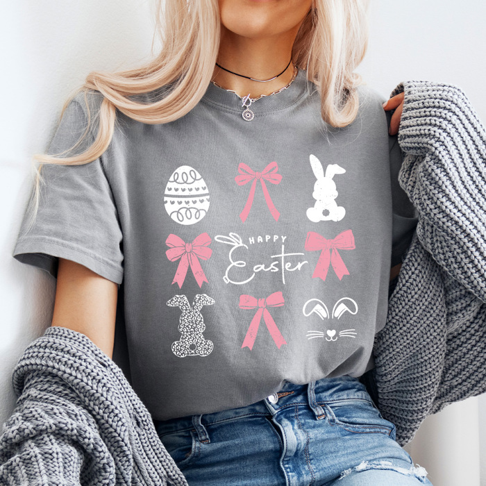 Happy Easter Pink Bows And Ester Bunnies Comfort Colors Tee, Easter Girly Shirt, Coquette 