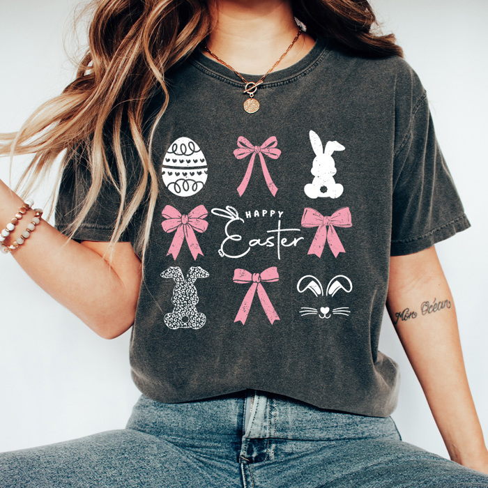 Happy Easter Pink Bows And Ester Bunnies Comfort Colors Tee, Easter Girly Shirt, Coquette 