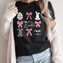  Happy Easter Pink Bows And Ester Bunnies Graphic Tee, Easter Girly Shirt, Coquette 