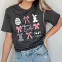  Happy Easter Pink Bows And Ester Bunnies Graphic Tee, Easter Girly Shirt, Coquette 