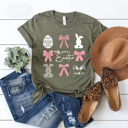 XXL Olive Happy Easter Pink Bows And Ester Bunnies Graphic Tee, Easter Girly Shirt, Coquette 