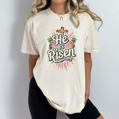 He Is Risen Vintage Easter Comfort Colors Tee, Cross Jesus Shirt 