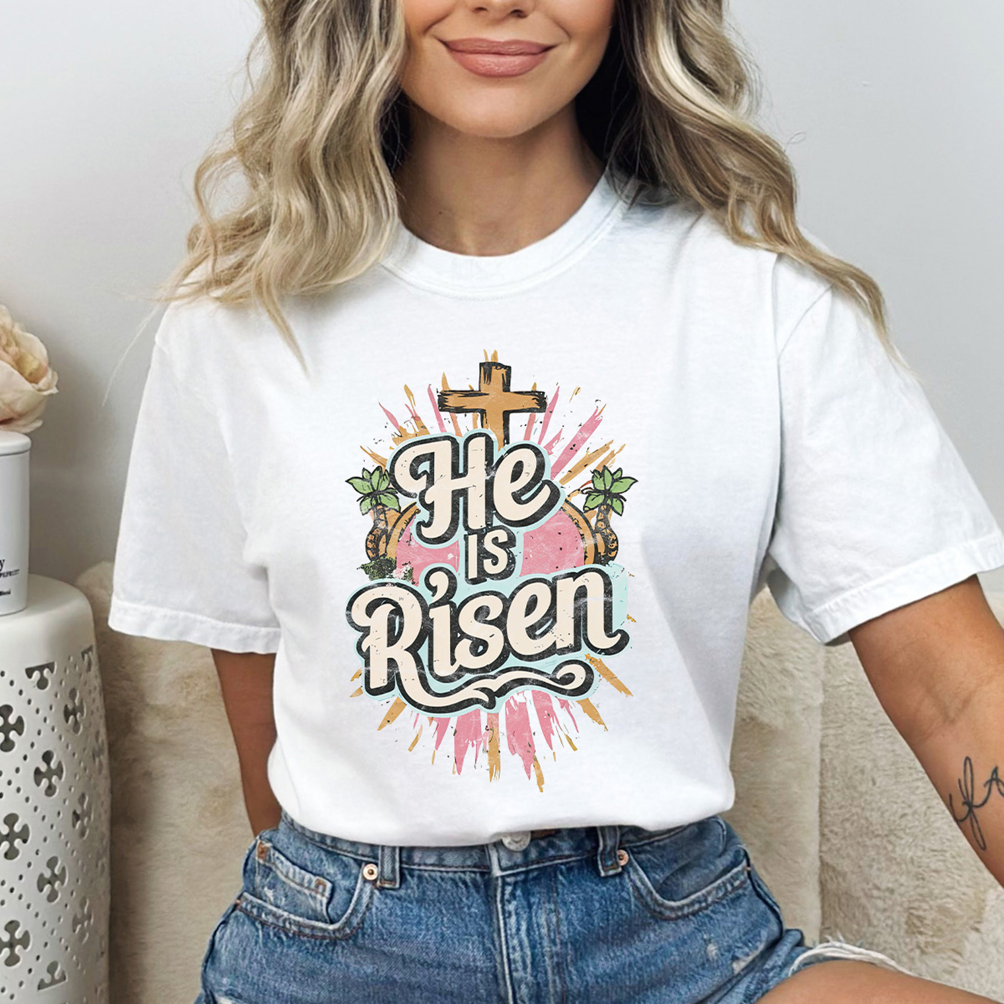 Christian Easter T Shirt Colorful Rainbow Cross-He Is Risen Christian Easter T Shirt Colorful Rainbow Cross-He Is Risen