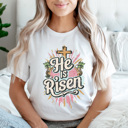 XXL White He Is Risen Vintage Easter Graphic Tee, Cross Jesus Shirt 