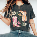  Cute Cowgirl Boots Floral Comfort Colors Tee, Pink And Yellow Western Boots Shirt, Desert Flower 