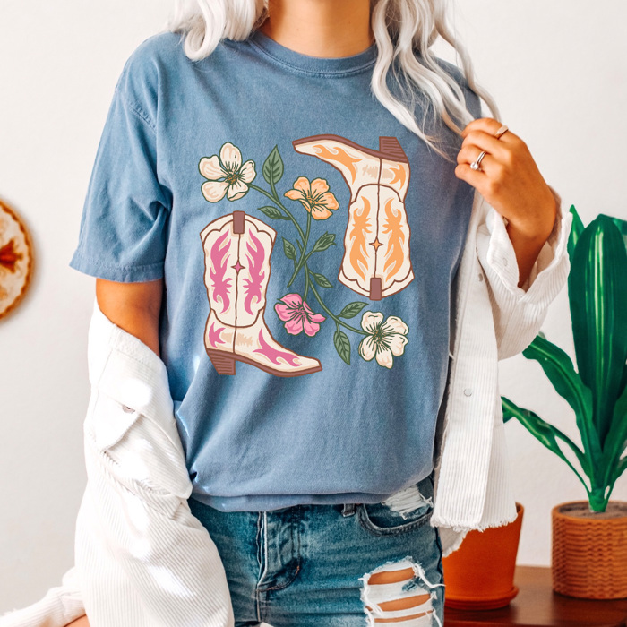 Cute Cowgirl Boots Floral Comfort Colors Tee, Pink And Yellow Western Boots Shirt, Desert Flower 