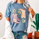 XXL Blue Jean Cute Cowgirl Boots Floral Comfort Colors Tee, Pink And Yellow Western Boots Shirt, Desert Flower 