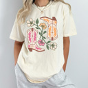 XXL Ivory Cute Cowgirl Boots Floral Comfort Colors Tee, Pink And Yellow Western Boots Shirt, Desert Flower 