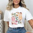 Large White Cute Cowgirl Boots Floral Comfort Colors Tee, Pink And Yellow Western Boots Shirt, Desert Flower 