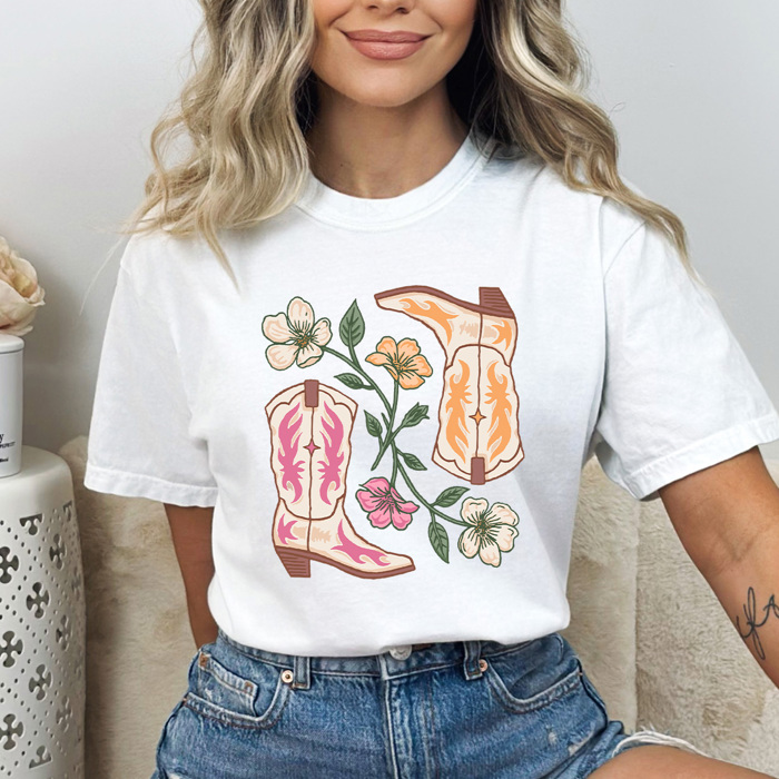 Cute Cowgirl Boots Floral Comfort Colors Tee, Pink And Yellow Western Boots Shirt, Desert Flower 