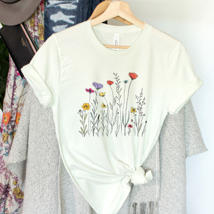 Doodle Wild Flowers Graphic Tee, Spring Time Floral Shirt, Summer Tee 