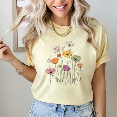 Wild Poppies Doodle Flowers Comfort Colors Tee, Colorful Spring Time Floral Shirt, Summer Tee 