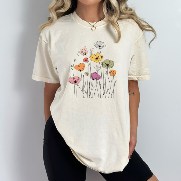 Wild Poppies Doodle Flowers Comfort Colors Tee, Colorful Spring Time Floral Shirt, Summer Tee 