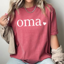 Small Crimson Oma Mom Heart Comfort Colors Tee, Mother's Day Shirt, Abuela, Auntie, Gigi, Grammy, Grandma, Mama, Mimi, Mom, Mommy, Nana, Nany, Oma, Wifey