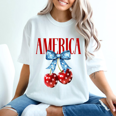 America Patriotic Cherries Comfort Colors Tee, 4th Of July Shirt, Stars And Stripes Graphic Tee