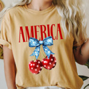 XXL Mustard America Patriotic Cherries Comfort Colors Tee, 4th Of July Shirt, Stars And Stripes Graphic Tee