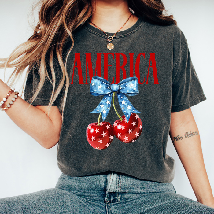America Patriotic Cherries Comfort Colors Tee, 4th Of July Shirt, Stars And Stripes Graphic Tee