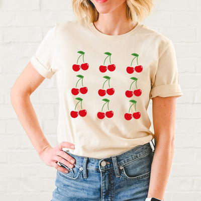 Sweet Cherries Grid Basic Graphic Tee, Fun Fruit Shirt, Cherry Printed Tee