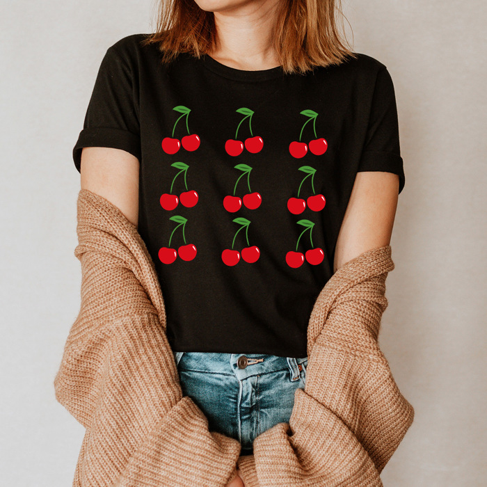 Sweet Cherries Grid Basic Graphic Tee, Fun Fruit Shirt, Cherry Printed Tee
