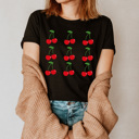 XL Black Sweet Cherries Grid Basic Graphic Tee, Fun Fruit Shirt, Cherry Printed Tee