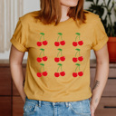 XL Ginger Sweet Cherries Grid Basic Graphic Tee, Fun Fruit Shirt, Cherry Printed Tee
