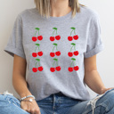 XL Heather Gray Sweet Cherries Grid Basic Graphic Tee, Fun Fruit Shirt, Cherry Printed Tee