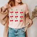 XL Peach Sweet Cherries Grid Basic Graphic Tee, Fun Fruit Shirt, Cherry Printed Tee