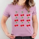 Medium Plum Sweet Cherries Grid Basic Graphic Tee, Fun Fruit Shirt, Cherry Printed Tee