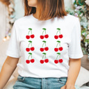 Medium White Sweet Cherries Grid Basic Graphic Tee, Fun Fruit Shirt, Cherry Printed Tee