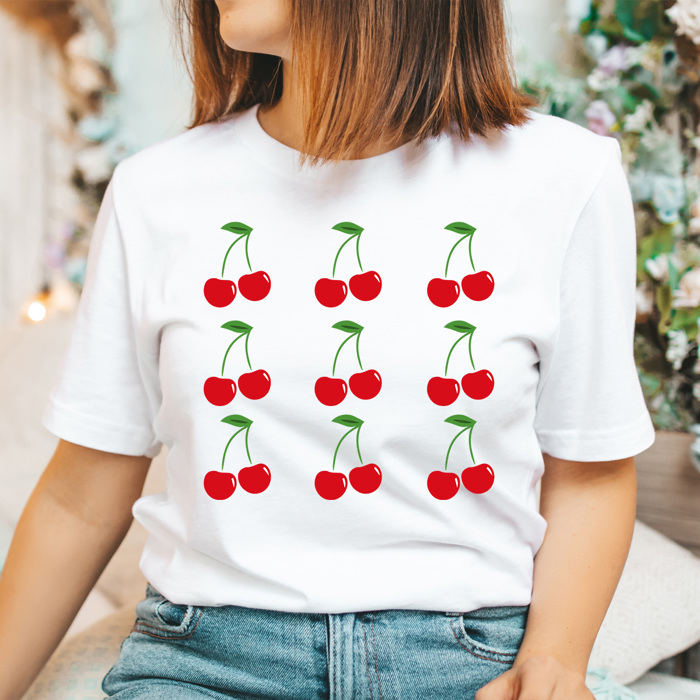 Sweet Cherries Grid Basic Graphic Tee, Fun Fruit Shirt, Cherry Printed Tee