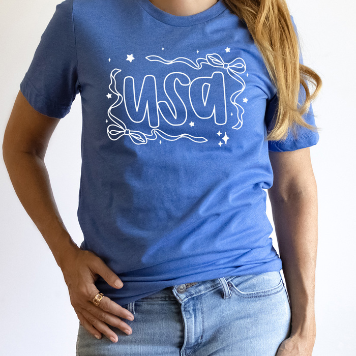 USA Dainty Bow Graphic Tee, Stars And Bow Shirt, Patriotic Printed Tee, 4th Of July Tee