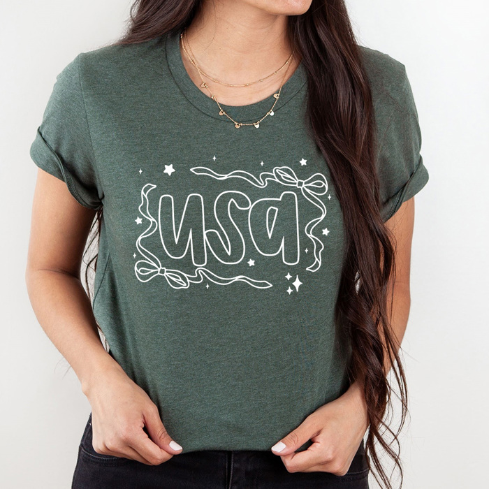 USA Dainty Bow Graphic Tee, Stars And Bow Shirt, Patriotic Printed Tee, 4th Of July Tee