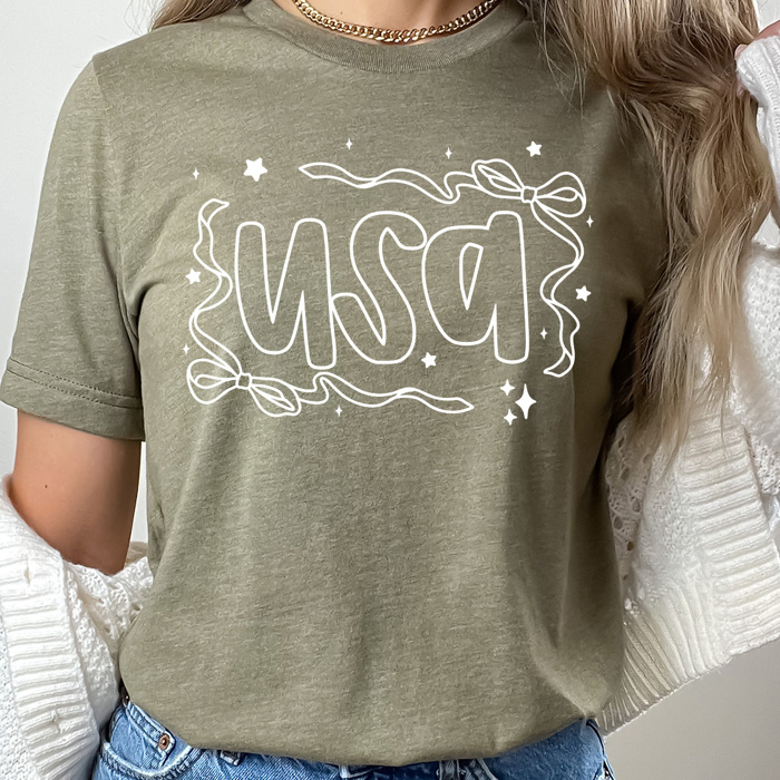 USA Dainty Bow Graphic Tee, Stars And Bow Shirt, Patriotic Printed Tee, 4th Of July Tee