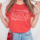 XXL Heather Red USA Dainty Bow Graphic Tee, Stars And Bow Shirt, Patriotic Printed Tee, 4th Of July Tee