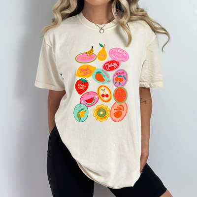 Summer Fruit Sticker Comfort Colors Tee, Fruity Sticker Collage Printed Tee, Sweet Fruit Shirt 