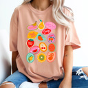 XL Peachy Summer Fruit Sticker Comfort Colors Tee, Fruity Sticker Collage Printed Tee, Sweet Fruit Shirt 