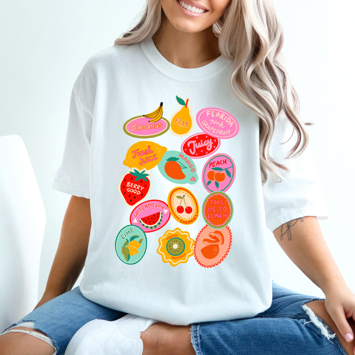Summer Fruit Sticker Comfort Colors Tee, Fruity Sticker Collage Printed Tee, Sweet Fruit Shirt 