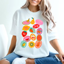 Small White Summer Fruit Sticker Comfort Colors Tee, Fruity Sticker Collage Printed Tee, Sweet Fruit Shirt 