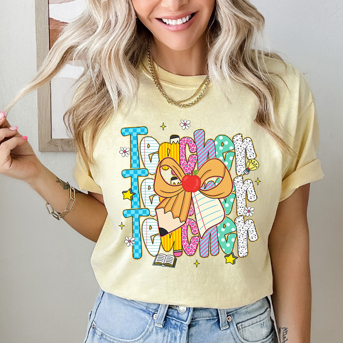 Preppy Teacher Stacked Pencil Bow Comfort Colors Tee, Back To School Teacher Printed Tee, School Time Shirt
