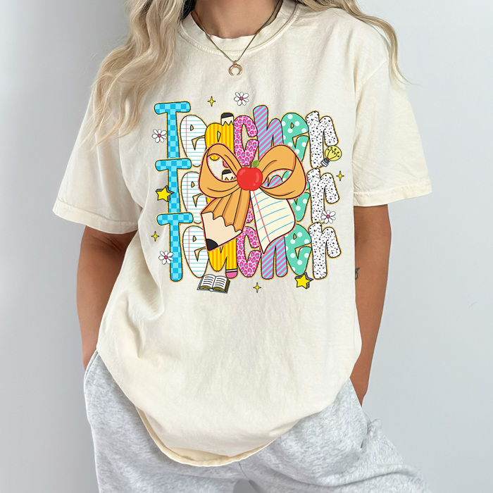 Preppy Teacher Stacked Pencil Bow Comfort Colors Tee, Back To School Teacher Printed Tee, School Time Shirt
