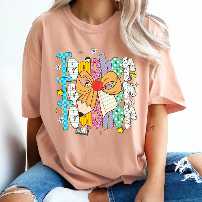 Preppy Teacher Stacked Pencil Bow Comfort Colors Tee, Back To School Teacher Printed Tee, School Time Shirt