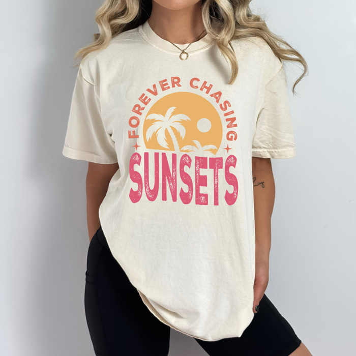 Forever Chasing Sunsets Comfort Colors Tee, Summer Beach Printed Tee, Sunset Summer Tee
