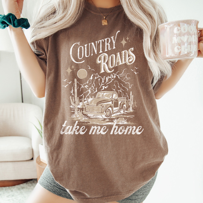 Country Roads Take Me Home Comfort Colors Tee, Country Vibes Printed Tee, Country Music Shirt 