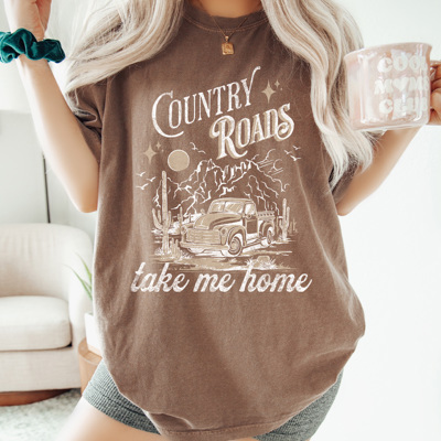 Country Roads Take Me Home Comfort Colors Tee, Country Vibes Printed Tee, Country Music Shirt 